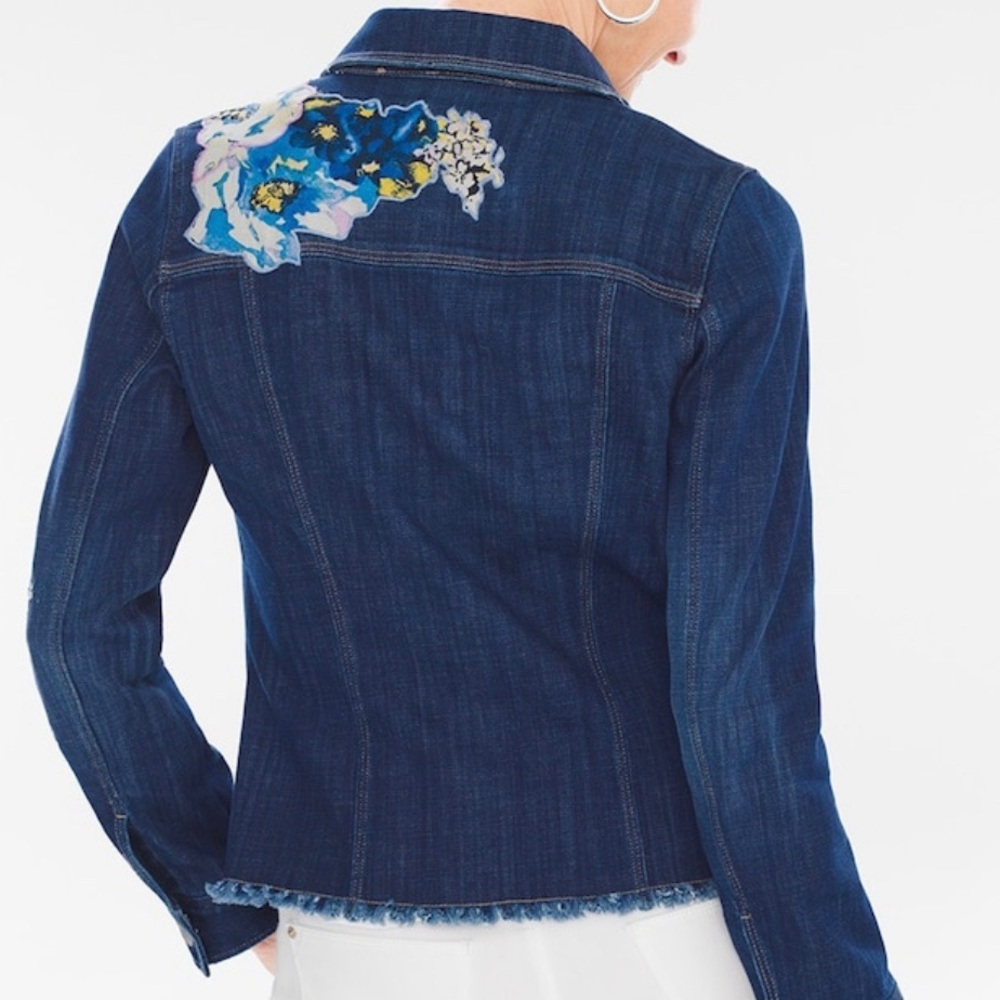 Chico’s Floral Appliqué Denim Jacket in Petite